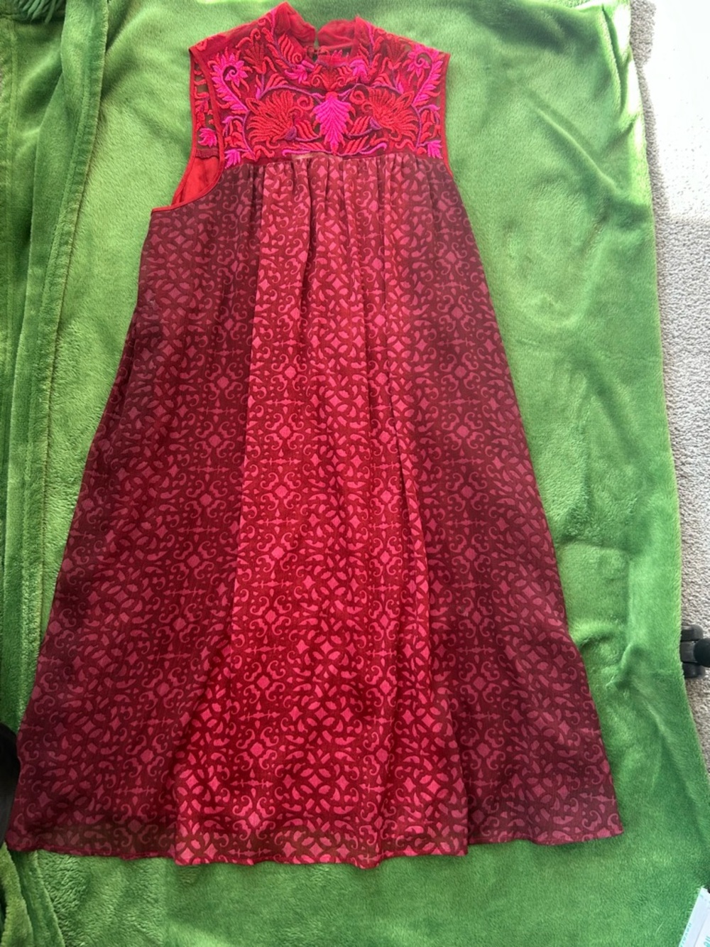 Red Embroidered Sleeveless Midi Dress